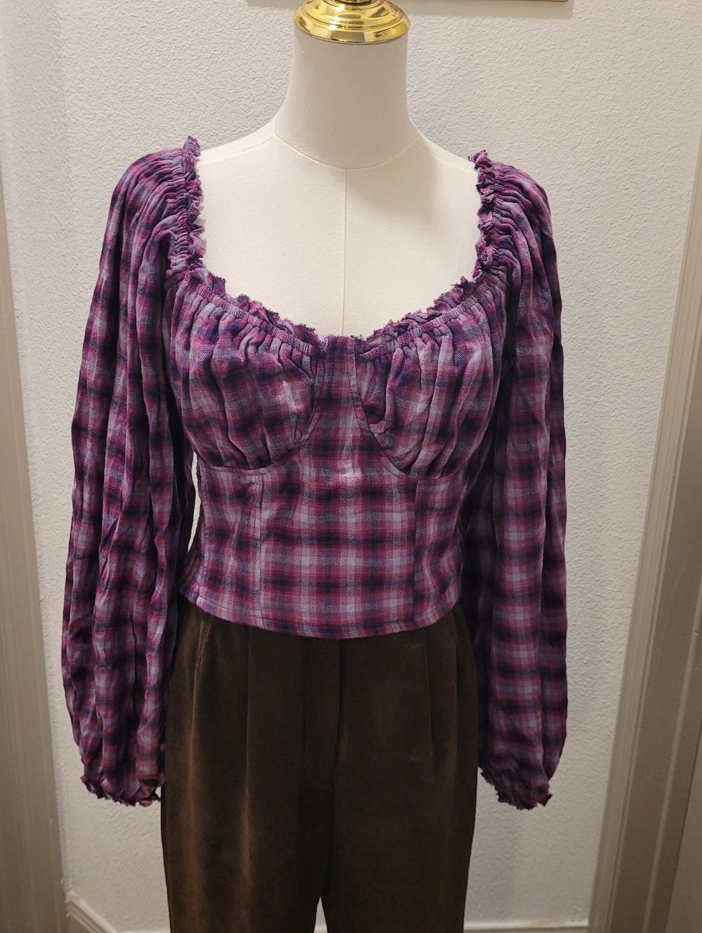 Free People Purple Plaid Smocked Cottagecore Balloon Sleeve Top Large Whimsigoth